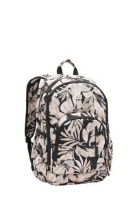 Black and white floral-patterned backpack with dual zippers, a top handle, and padded shoulder straps. Smooth fabric texture.