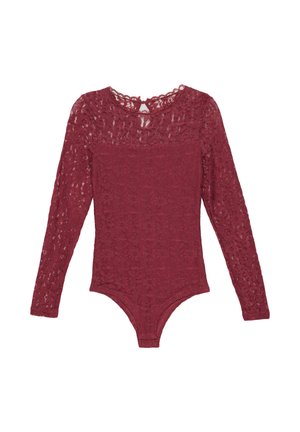 Bodysuit de encaje burdeos con mangas largas, que presenta un escote redondo y patrones florales intrincados, textura suave y un cierre de presión en la parte inferior.