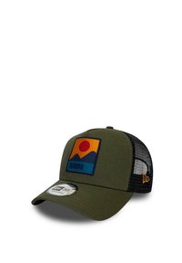 Green trucker cap featuring a rectangular embroidered patch with a sun and mountain design. Black mesh back, curved bill, and snapback closure.