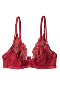 Red lace bra featuring a sheer underlay, scalloped lace trim along the cups, adjustable straps, and a hook-and-eye closure at the back.