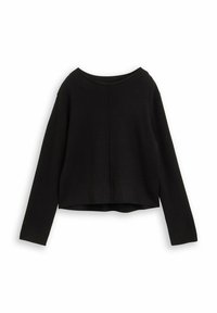 Zwarte cropped trui met lange mouwen, ronde halslijn, effen textuur en een naad aan de achterkant. Materiaal lijkt zacht en cosy.