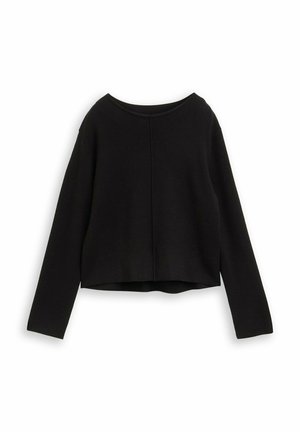 Schwarzer, verkürzter Pullover mit langen Ärmeln, rundem Ausschnitt, einfarbiger Textur und einer Rückennaht-Details. Das Material wirkt weich und kuschelig.