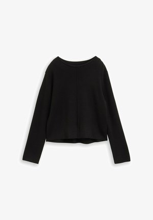 Čierny skrátený sveter s dlhými rukávmi, okrúhlym výstrihom, pevnou textúrou a detailom so švom na chrbte. Materiál vyzerá mäkko a pohodlne.