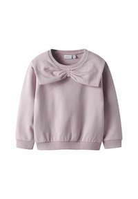 Jasnofioletowy długi rękaw sweatshirt z prążkowanymi mankietami i dolnym wykończeniem, z dużą dekoracyjną kokardą na piersi poniżej dekoltu.