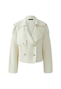 Helle, zweireihige Strickjacke in Cremefarbe mit breiten Revers, geknöpften Schulterklappen und langen Ärmeln im Rippmuster.