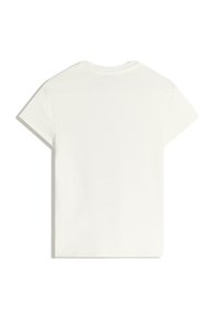 Egyszerű, fehér, rövid ujjú póló hátulról látható, kerek nyakkivágással és letisztult, egyszerű dizájnnal, fehér háttérrel.