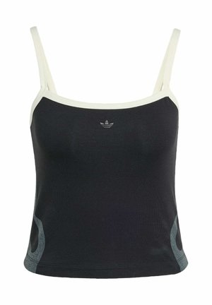 Black tank top with thin straps, featuring a white neckline and gray accents on the sides. Logo embroidered in the center.