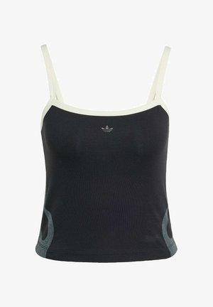 Černá tílko s tenkými ramínky, s bílým výstřihem a šedými detaily po stranách. Vyšívané logo ve středu.