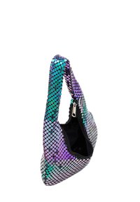 Holographische Mini-Tasche mit einem geschwungenen Griff, verziert mit runden Pailletten in den Farbtönen Türkis, Lila und Schwarz. Mit Reißverschlussverschluss an der Oberseite.