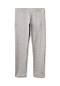 Šedé legíny vyrobené z měkké a pružné tkaniny. Mají vysoký pas a hladkou texturu. Žádné viditelné vzory ani kovové detaily.