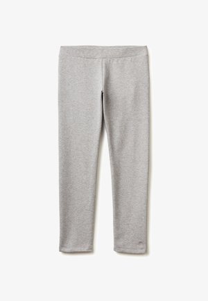 Szare legginsy wykonane z miękkiego, elastycznego materiału. Posiadają wysoki stan i gładką teksturę. Brak widocznych wzorów lub detali sprzętowych.