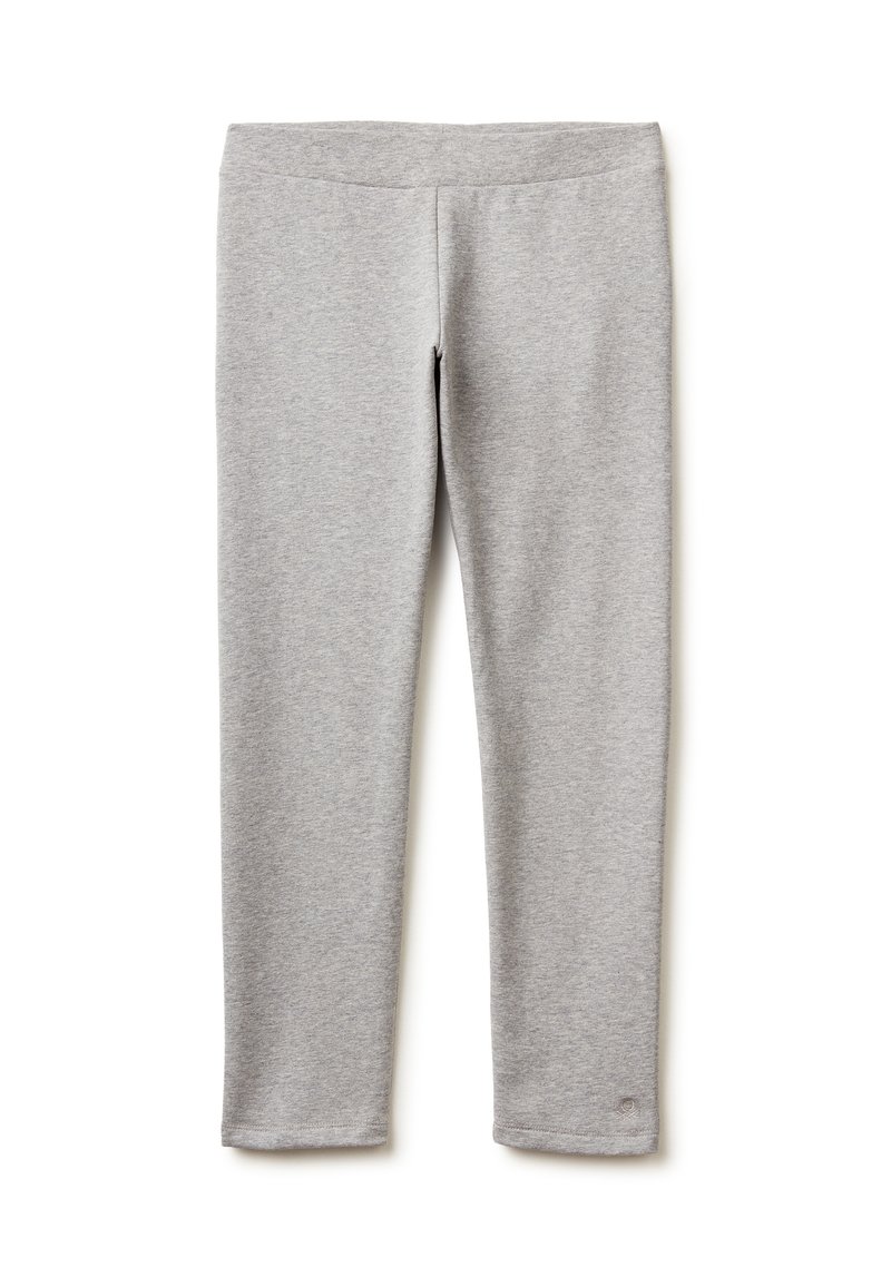 Šedé legíny vyrobené z měkké a pružné tkaniny. Mají vysoký pas a hladkou texturu. Žádné viditelné vzory ani kovové detaily.