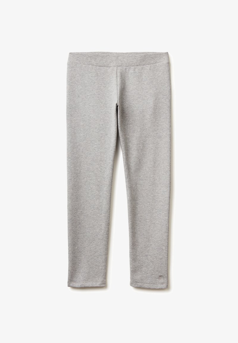 Szare legginsy wykonane z miękkiego, elastycznego materiału. Posiadają wysoki stan i gładką teksturę. Brak widocznych wzorów lub detali sprzętowych.