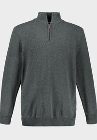 Grijze pullover trui met een halve rits kraag, ribbelmanchetten en elastische tailleband. Zachte gebreide textuur met minimale ontwerpelementen.