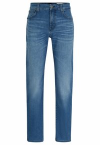 Jeans de mezclilla azul claros con un corte recto, que cuentan con cinco bolsillos, una bragueta de botones y sutiles desgastes en la parte frontal para dar textura.
