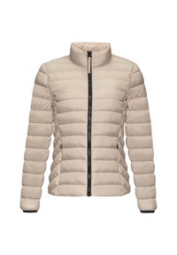 Beżowa kurtka pikowana z wysokim kołnierzem, zamek błyskawiczny z przodu i elastycznymi mankietami. Posiada poziome przeszycia i boczne kieszenie.