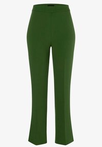 Pantalons évasés verts en tissu lisse. Dotés d'une taille haute et d'un design épuré, avec une couleur uniforme et sans motifs visibles.