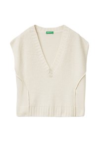 Top senza maniche color crema in maglia con scollo a V, bordi a costine e una vestibilità leggermente rilassata. Texture morbida con motivi verticali.