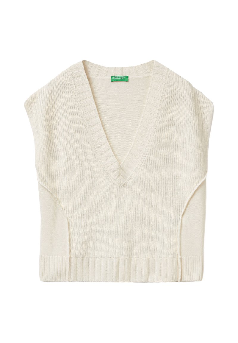 Top senza maniche color crema in maglia con scollo a V, bordi a costine e una vestibilità leggermente rilassata. Texture morbida con motivi verticali.