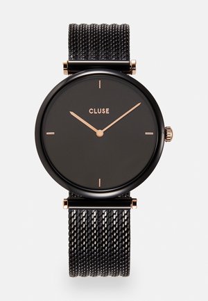 Black CLUSE wristwatch with rose gold hands and markers, featuring a textured black metal mesh strap.
