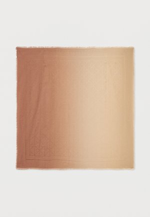 Foulard quadrato con sfumatura dal marrone al beige e sottili motivi geometrici lungo i bordi e al centro.