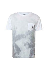 Lühikeste varrukatega valge T-särk halli palmipuu mustriga, rinna tasku ja väike logo taskul. Pehme puuvillane kangas.