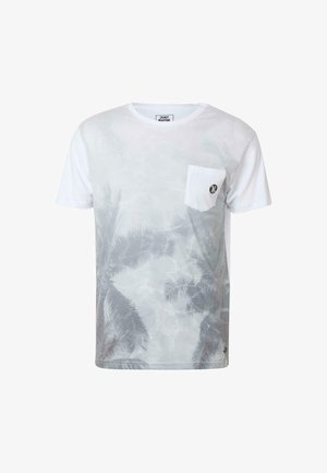 Rövid ujjú, fehér póló, szürke pálmafa mintával, mellzsebbel és kis logóval a zsebben. Puha pamut anyag.