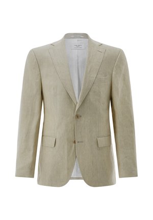 Beiger Herren-Einreiher-Blazer mit Stegkragen, zwei Knöpfen, Pattentaschen und Brustleistentasche, auf weißem Hintergrund dargestellt.