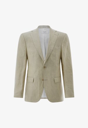 Beiger Herren-Einreiher-Blazer mit Stegkragen, zwei Knöpfen, Pattentaschen und Brustleistentasche, auf weißem Hintergrund dargestellt.