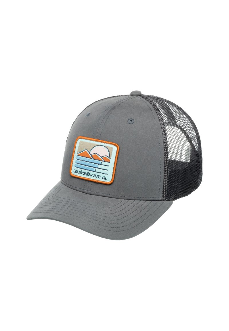 Gray cap with a curved brim and mesh back. Features an embroidered patch of mountains and sun in pastel colors framed by an orange border.