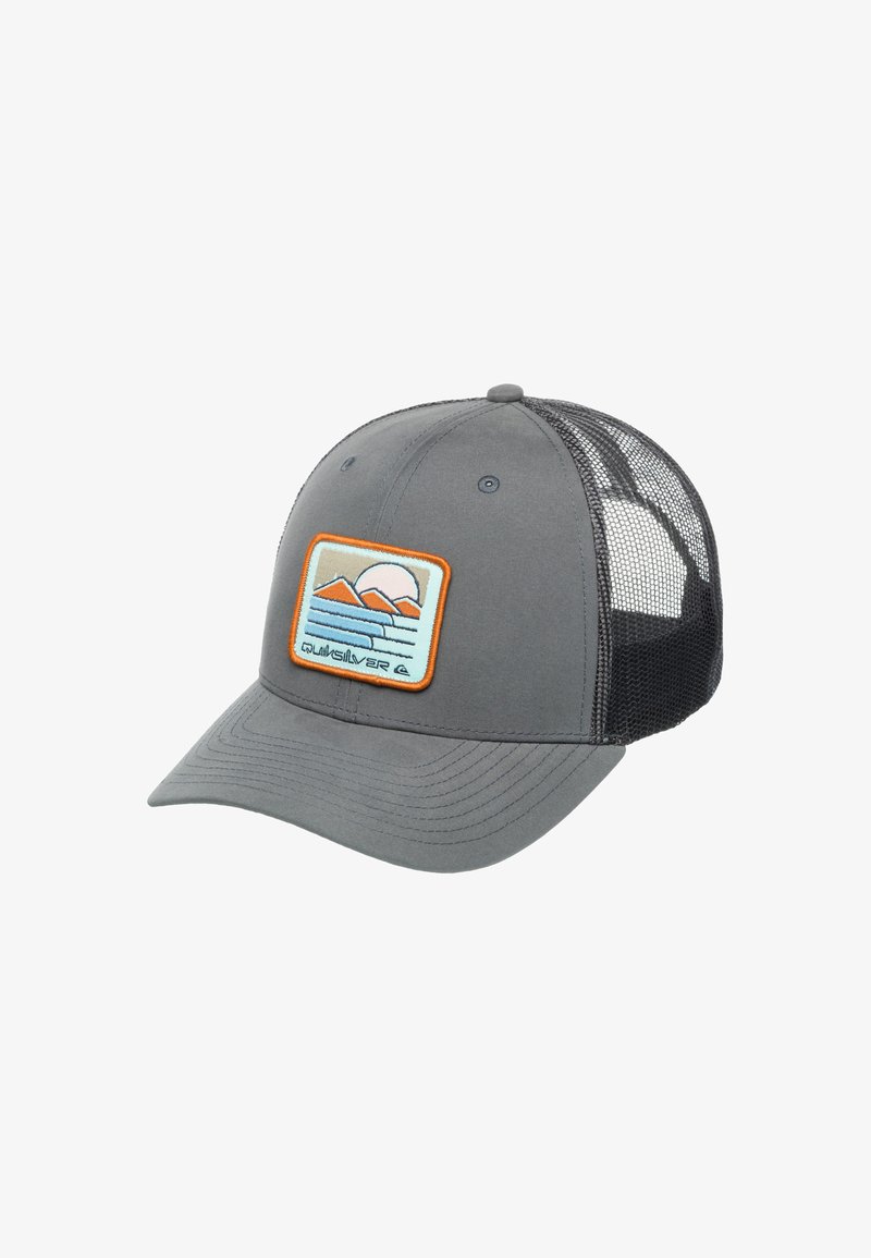 Gray cap with a curved brim and mesh back. Features an embroidered patch of mountains and sun in pastel colors framed by an orange border.