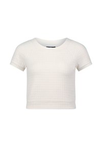 White cropped t-shirt with short sleeves, featuring a textured quilted pattern and a round neckline. Soft fabric with relaxed fit.