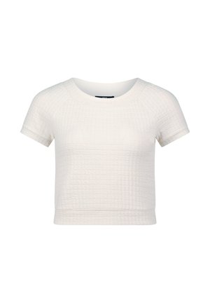 White cropped t-shirt with short sleeves, featuring a textured quilted pattern and a round neckline. Soft fabric with relaxed fit.