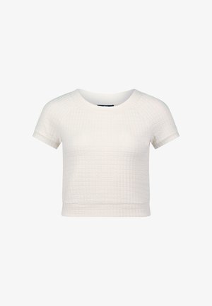 Weißes, kurzärmliges Crop-Top mit strukturiertem Steppdesign und rundem Halsausschnitt. Weicher Stoff mit lockerer Passform.