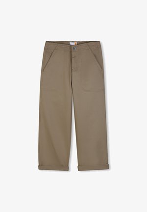 Pantalon kaki à jambes droites avec ourlets retroussés, poches plaquées à l’avant, passants pour ceinture et fermeture par bouton à la taille.