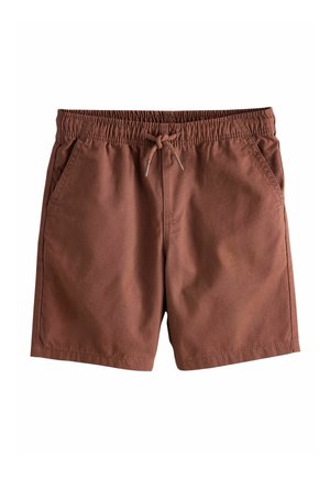 Brūnas kokvilnas šorti ar elastīgu jostu un auklu. Aprīkoti ar divām sānu kabatām un gludu tekstūru. Vienkāršs, taisns griezums.