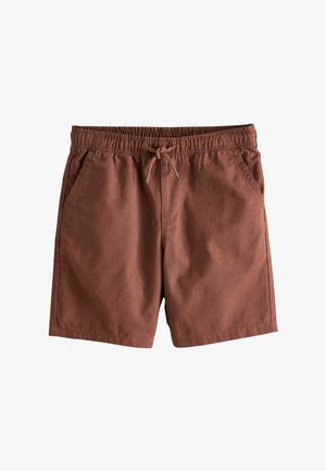 Pantaloni scurți maro din bumbac, cu talie elastică și șnur de strângere. Dispune de două buzunare laterale și o textură netedă. Design simplu, tăiat drept.