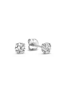 Runde Diamant-Ohrstecker in einer Vier-krallen-Fassung. Aus glänzendem Weißmetall mit polierter Oberfläche gefertigt, die klare, brillante Steine zur Schau stellt.