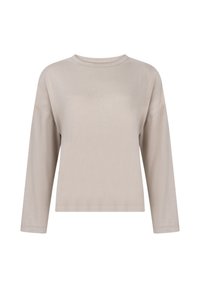 Langarmige beige top met een comfortabele pasvorm, ronde halslijn en zachte textuur. Glad materiaal, minimalistisch ontwerp en geen zichtbare versieringen.