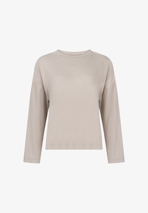 Beige Langarmoberteil mit lockerer Passform, Rundhalsausschnitt und weicher Textur. Glatter Stoff, minimalistisches Design und keine sichtbaren Verzierungen.