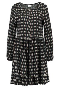 Dlouhé šaty z černé látky s geometrickým vzorem v krémové, růžové a šedé barvě. Mají kulatý výstřih, zapínání na knoflíky a volánkový lem.