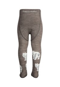Brown knitted leggings featuring white polar bear patterns, with a smooth texture and a soft waistband embossed with brand name.