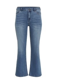 Denim flared jeans in medium blue, met een hoge taille, vijf-pocket ontwerp en zichtbare stiksels langs de naden.