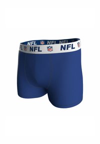 Boxer shorts para hombre en color azul con una cinturilla blanca que presenta el logo de la NFL y texto repetido.