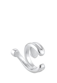 Silberner, gedrehter Draht-Ring mit einer glatten, glänzenden Oberfläche und abgerundeten Enden. Entworfen mit einer geschichteten, fließenden Form. Größeneinstellbar.