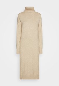 Béžové pletené šaty s rolákem, po kolena, s dlouhými rukávy a žebrovanými manžetami, s měkkou strukturou a uvolněným střihem.