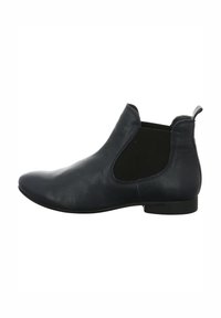 Dunkelblaues Leder-Ankle-Boot mit glatter Oberfläche, elastischen Seitenpaneelen und niedrigem schwarzen Absatz. Elegante Silhouette ohne sichtbare Verzierungen.