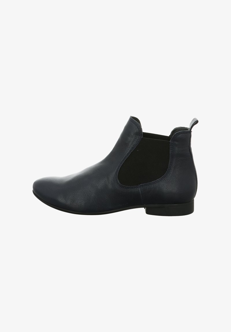Dunkelblaues Leder-Ankle-Boot mit glatter Oberfläche, elastischen Seitenpaneelen und niedrigem schwarzen Absatz. Elegante Silhouette ohne sichtbare Verzierungen.