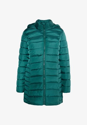Veste rembourrée turquoise avec fermeture éclair sur le devant, capuche et design matelassé horizontal. Tissu lisse et brillant avec une texture douce.