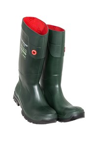 Green rubber ankle-height boots with a textured finish, red inner lining, and black outsole. Features durability symbols on the side.